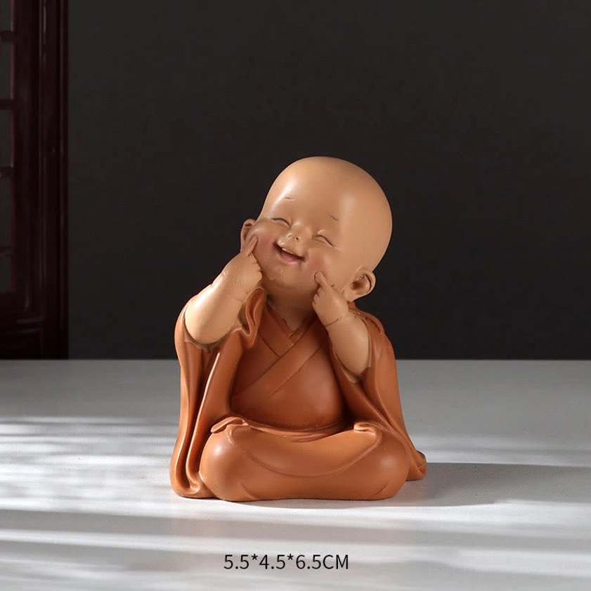 Touching face mini monk figurine with hand on cheek, self-awareness introspection pose, 5.5 x 4.5 x 6.5cm