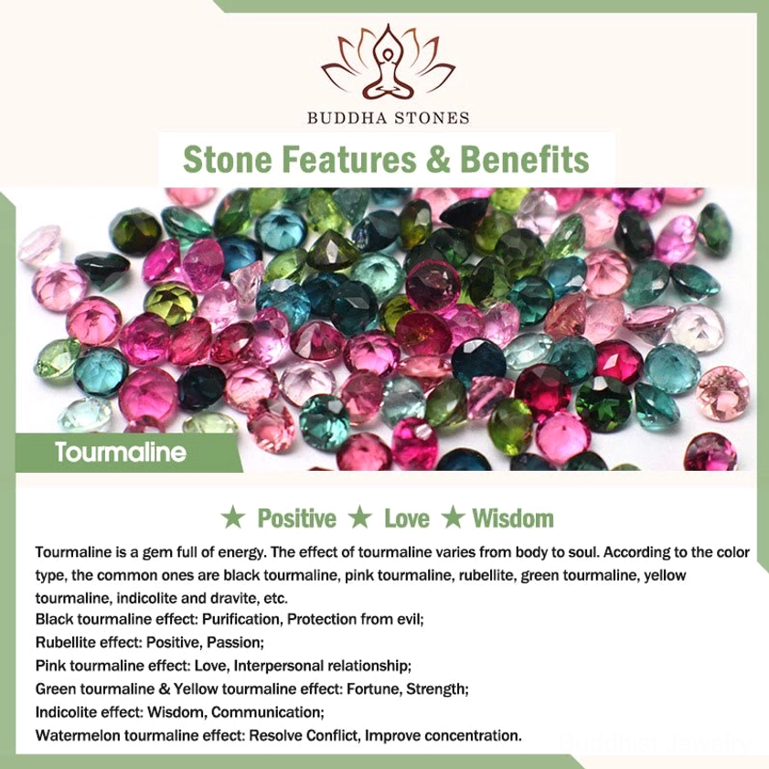 Tourmaline crystal stone guide and benefits infographic by Buddha Stones, showing colorful tourmaline specimens