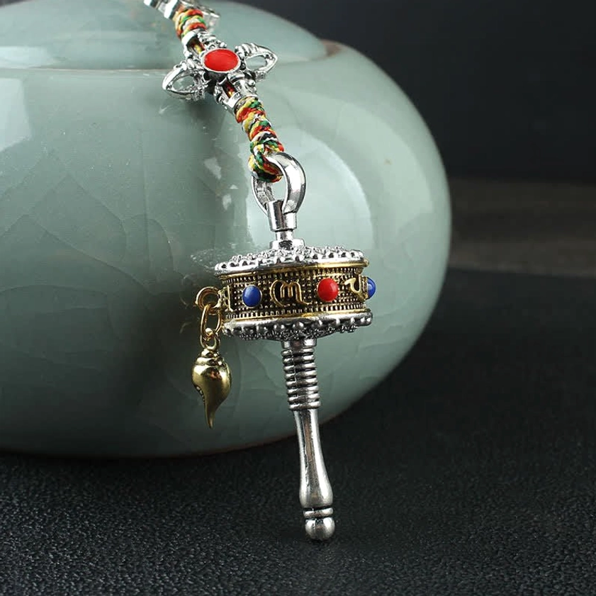 Traditional Buddhist prayer wheel hanging decoration - Six Syllable Mantra Om Mani Padme Hum symbol