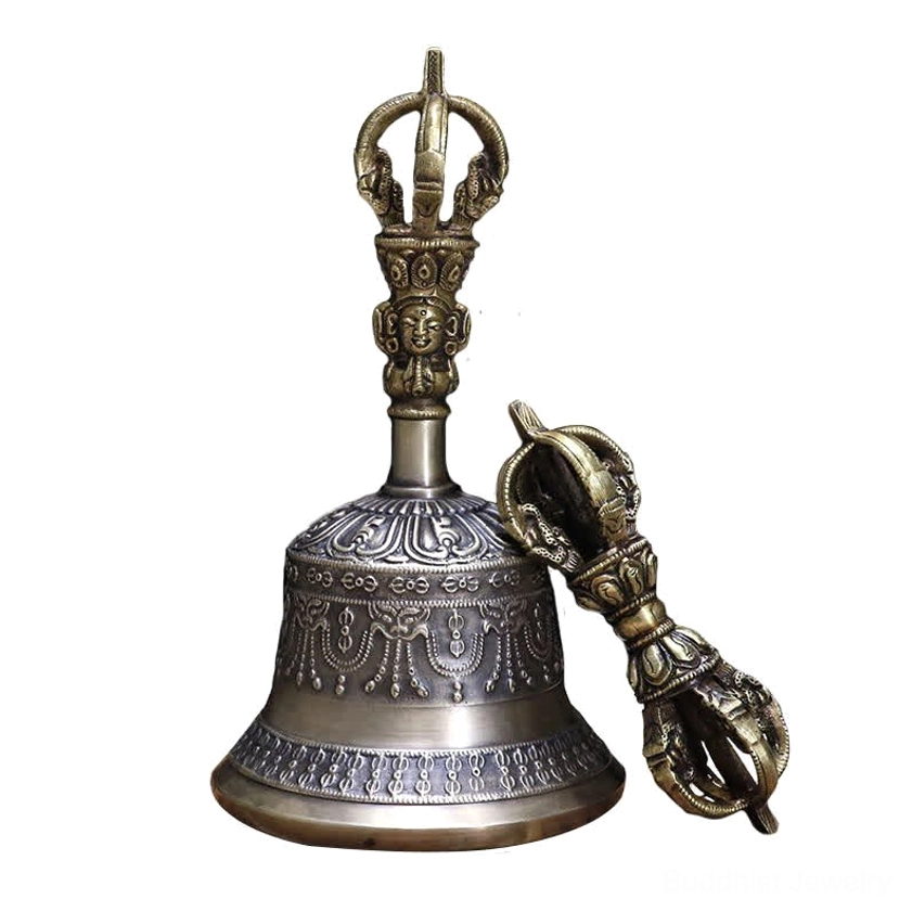 Traditional Buddhist meditation bell and vajra dorje set in natural copper patina finish for altar and ritual use
