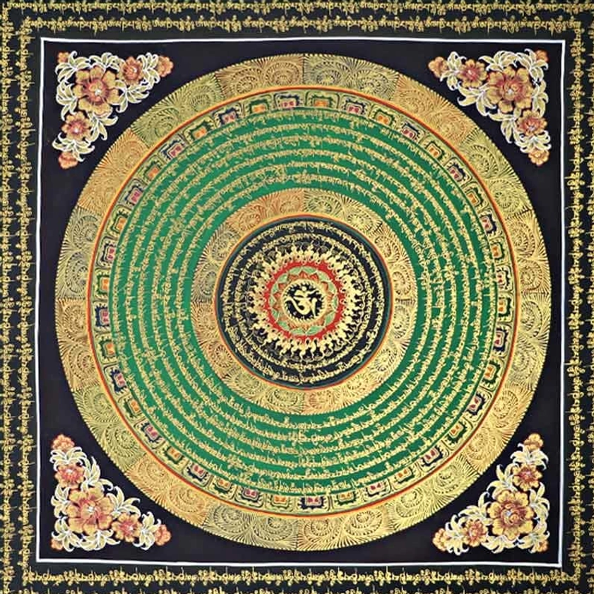 Traditional Om Mani Padme Hum thangka scroll painting - hand-painted Buddhist sacred art for altar and meditation room