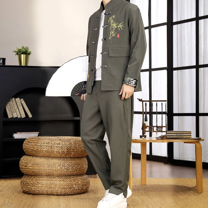 Traditional men's Tang suit - crimson color complete outfit display with embroidery details