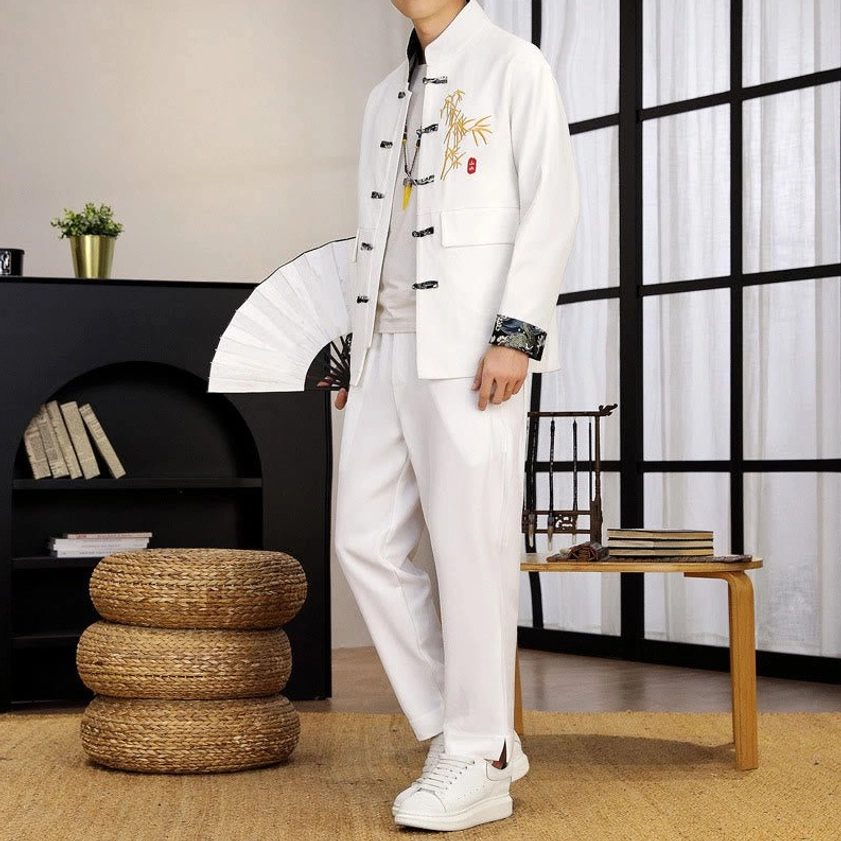 Traditional men's Tang suit two-piece set - complete outfit display with bamboo embroidery