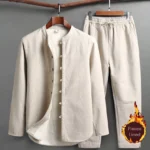 Men's Traditional Tang Suit Two-Piece Set with Fleece Lining - Full Front Display View