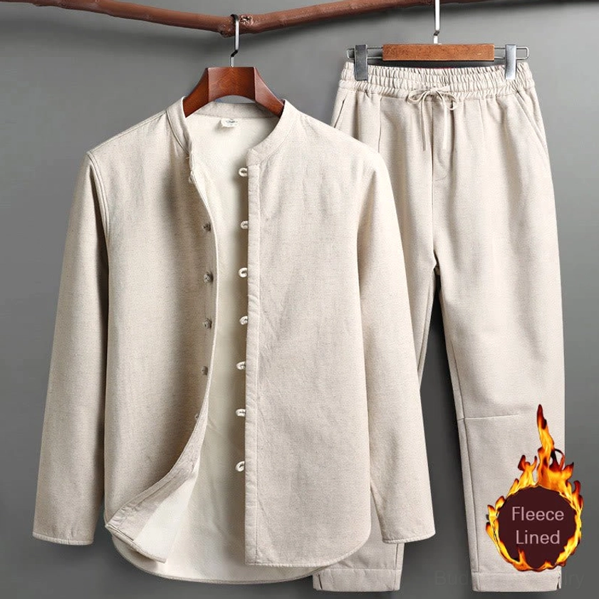 Men's Traditional Tang Suit Two-Piece Set with Fleece Lining - Full Front Display View