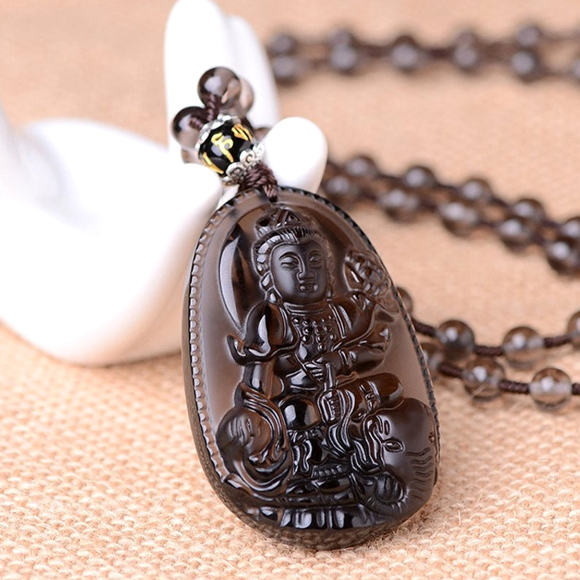 Dark brown translucent obsidian carved Samantabhadra Bodhisattva pendant with smooth natural stone surface