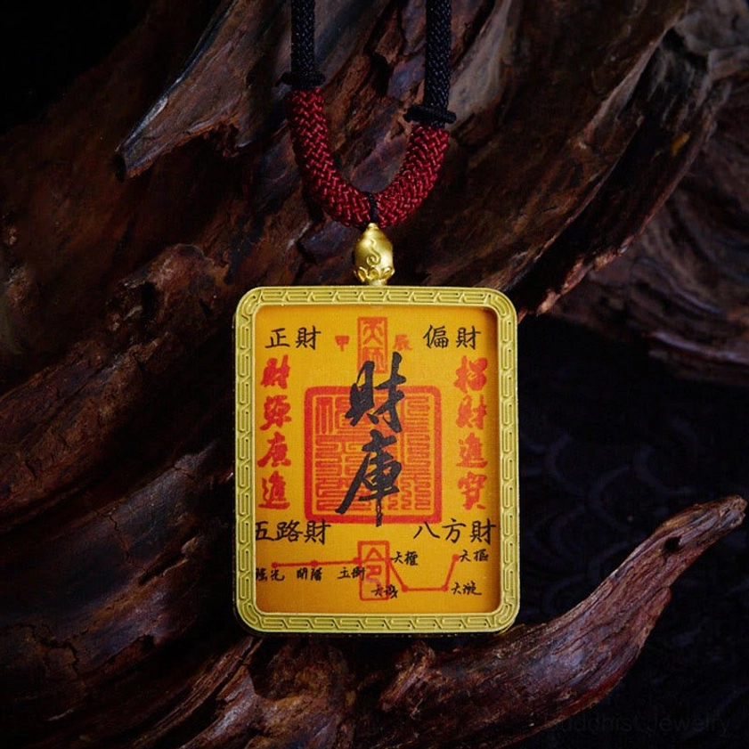 Treasury Buddhist Thangka pendant with wealth symbolism and intricate hand-painted sacred artwork