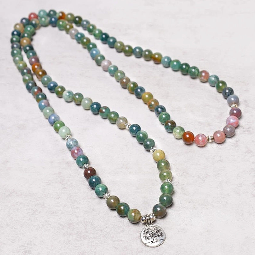 Tree of Life Indian Agate 108 Bead Mala Prayer Necklace with Sacred Pendant