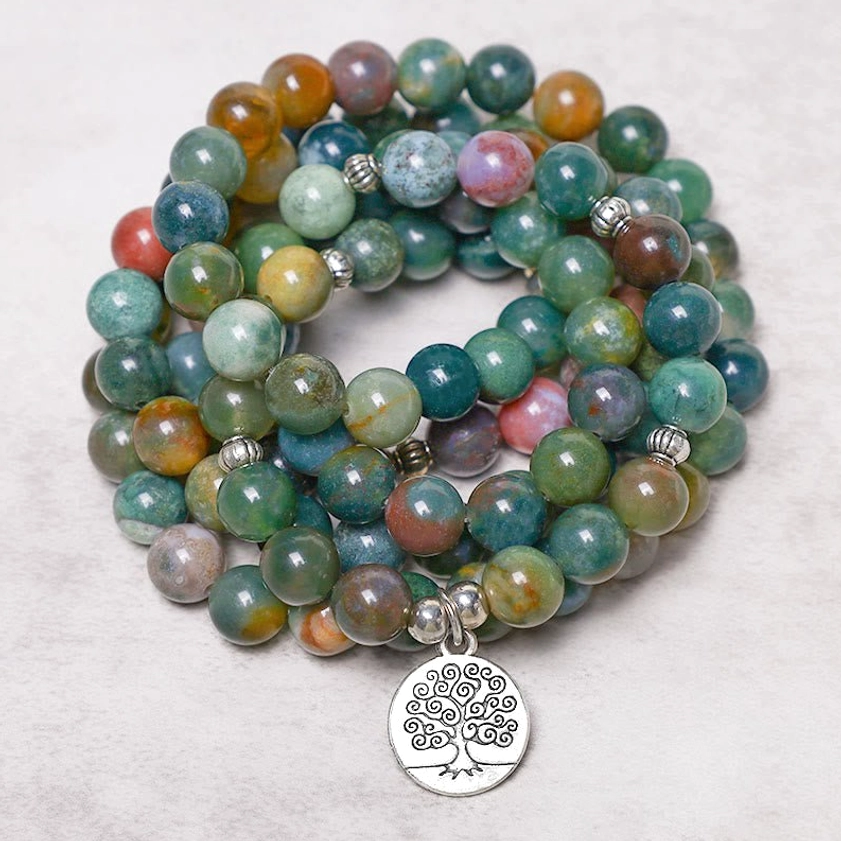 Tree of Life Indian Agate 108 Bead Mala Bracelet Coiled - Close-Up Detail