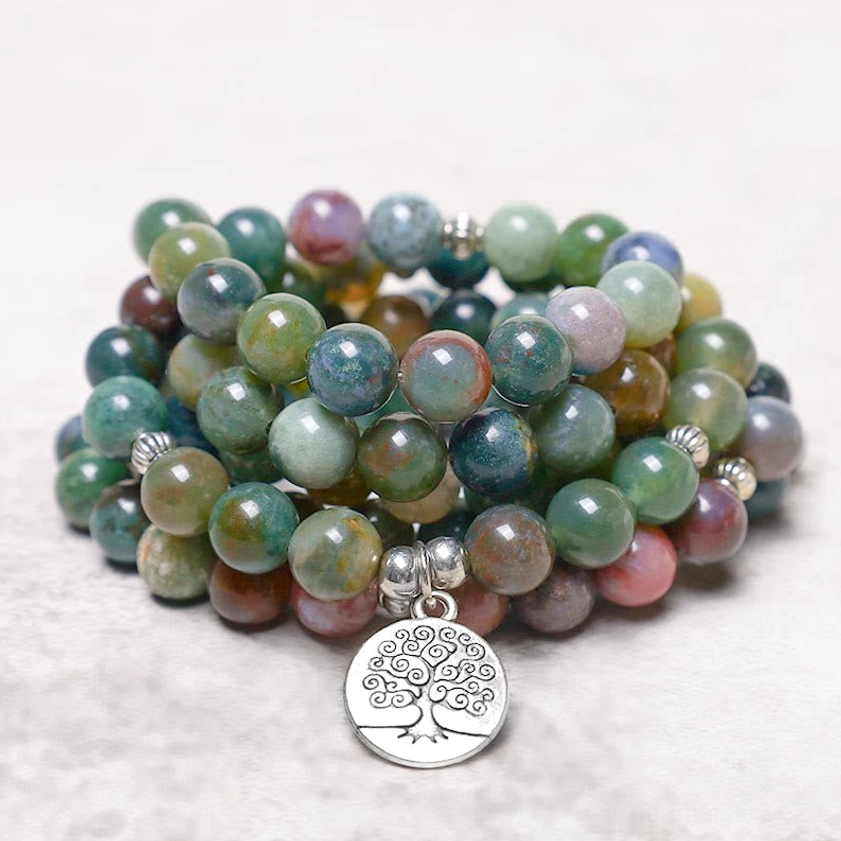 Tree of Life Indian Agate 108 Bead Mala Bracelet Stacked - Detail Shot