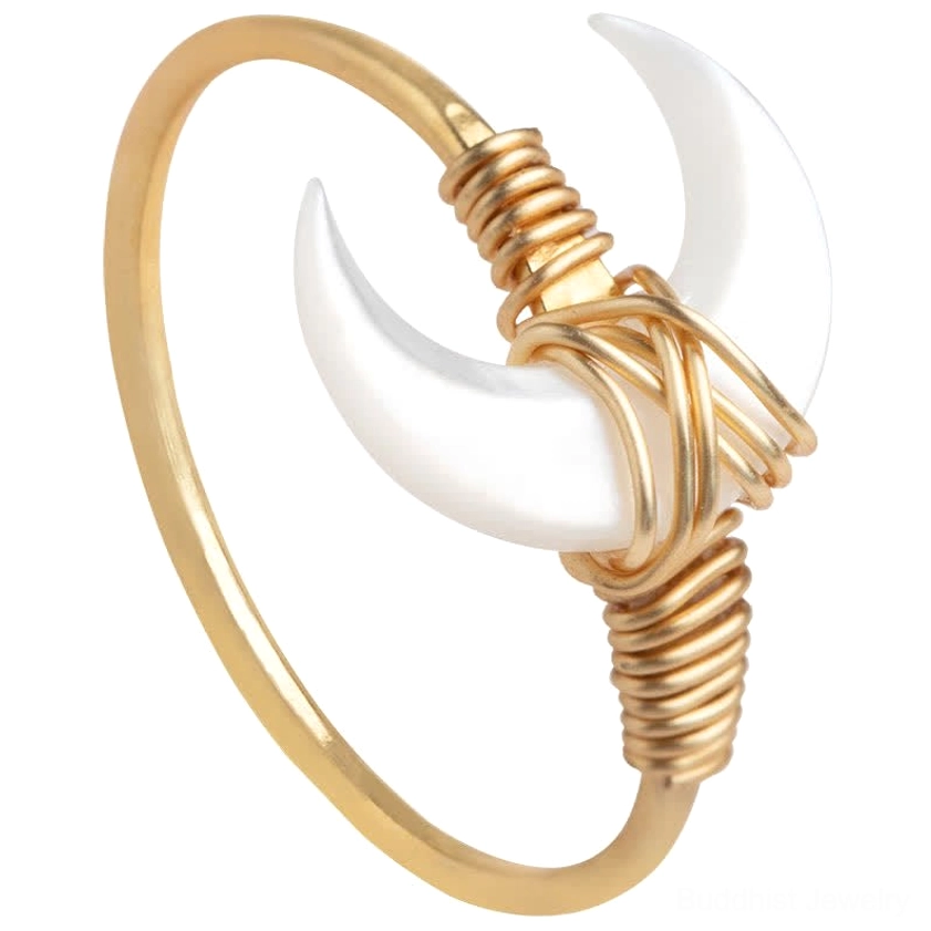 Tridacna stone moon blessing ring craftsmanship detail, showcasing handmade 14K gold wire artistry
