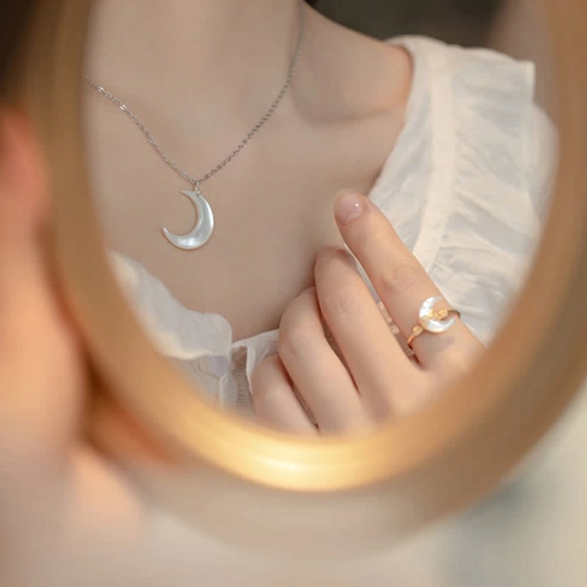 Tridacna stone moon blessing ring paired with matching moon pendant necklace, coordinated Buddhist jewelry set