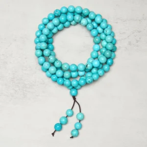 Turquoise 108-bead Buddhist prayer mala with leather tassel pendant, handcrafted natural gemstone meditation beads