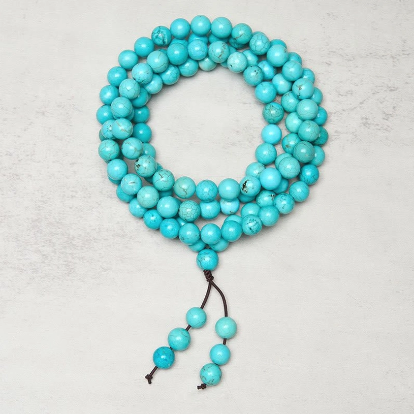 Turquoise 108-bead Buddhist prayer mala with leather tassel pendant, handcrafted natural gemstone meditation beads