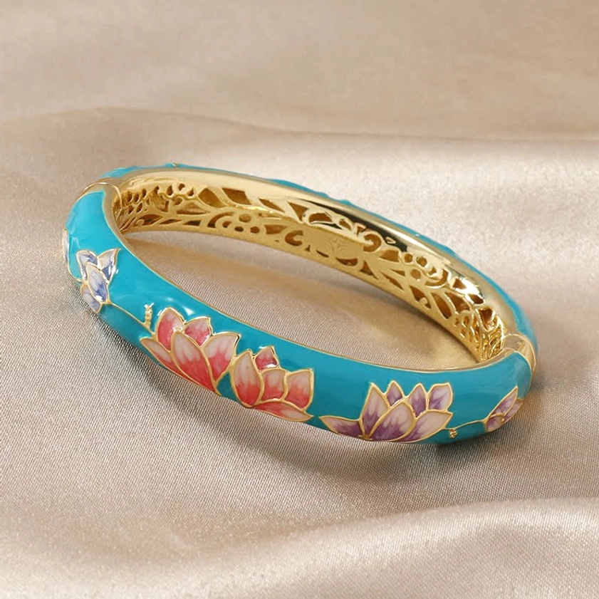 Turquoise blue enamel lotus bangle bracelet with gold-trimmed lotus flowers, handmade Buddhist copper bracelet