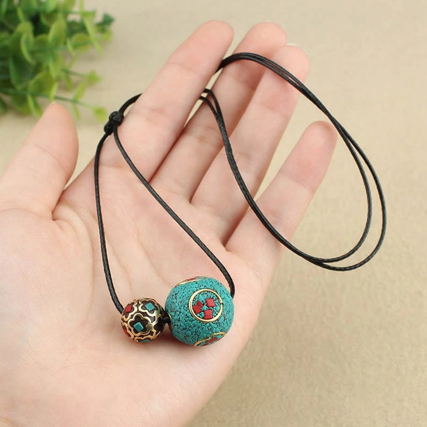 Turquoise double bead Buddhist throat chakra necklace with protective spiritual properties, full product view