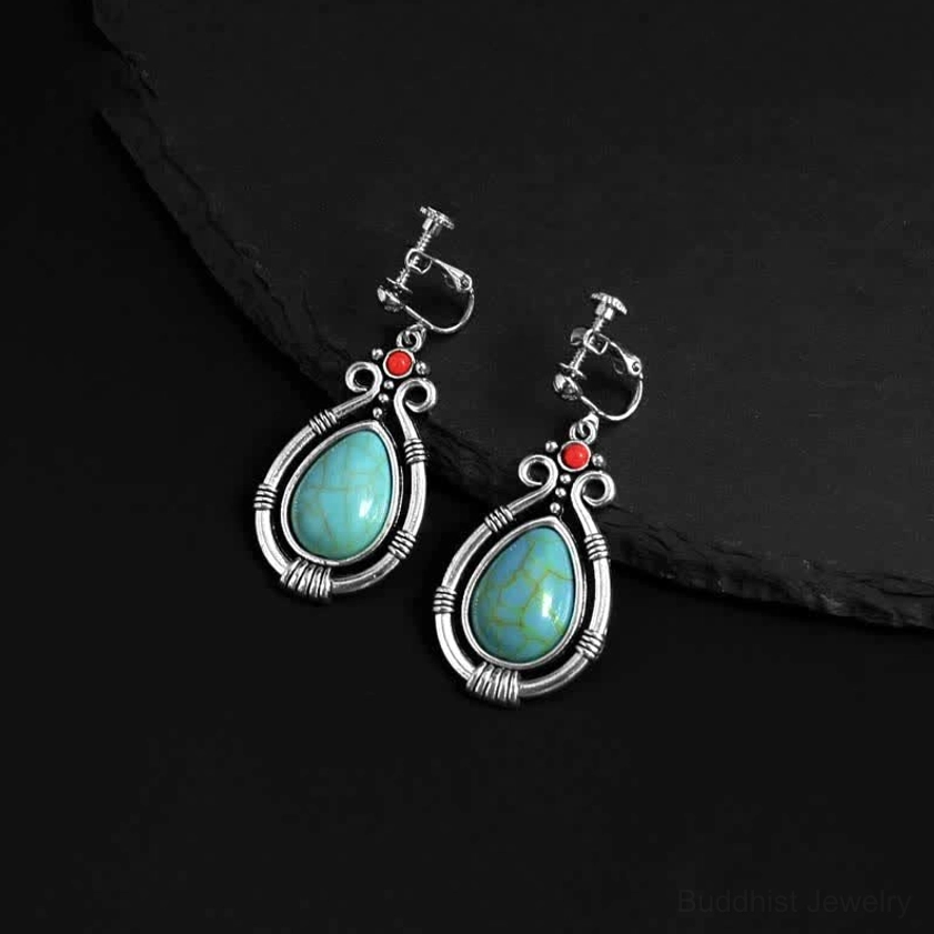 Turquoise teardrop earring clips Buddhist jewelry style for unpierced ears