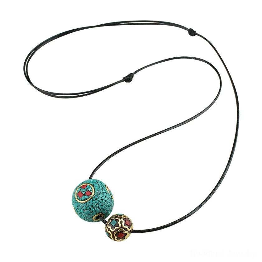 Handmade turquoise and metal bead Buddhist meditation necklace, authentic artisan craftsmanship detail