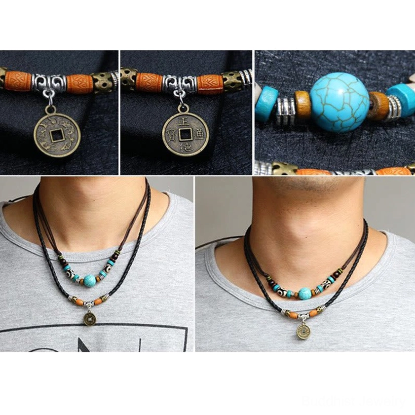 Multiple close-up shots of turquoise Dzi bead Buddhist necklace showing pendant details, bead links, and two wearing styles