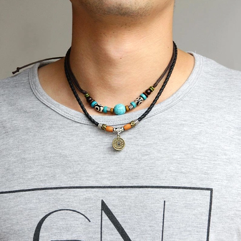 Men wearing turquoise Dzi bead Buddhist protection necklace, close-up neck view showing daily wear style