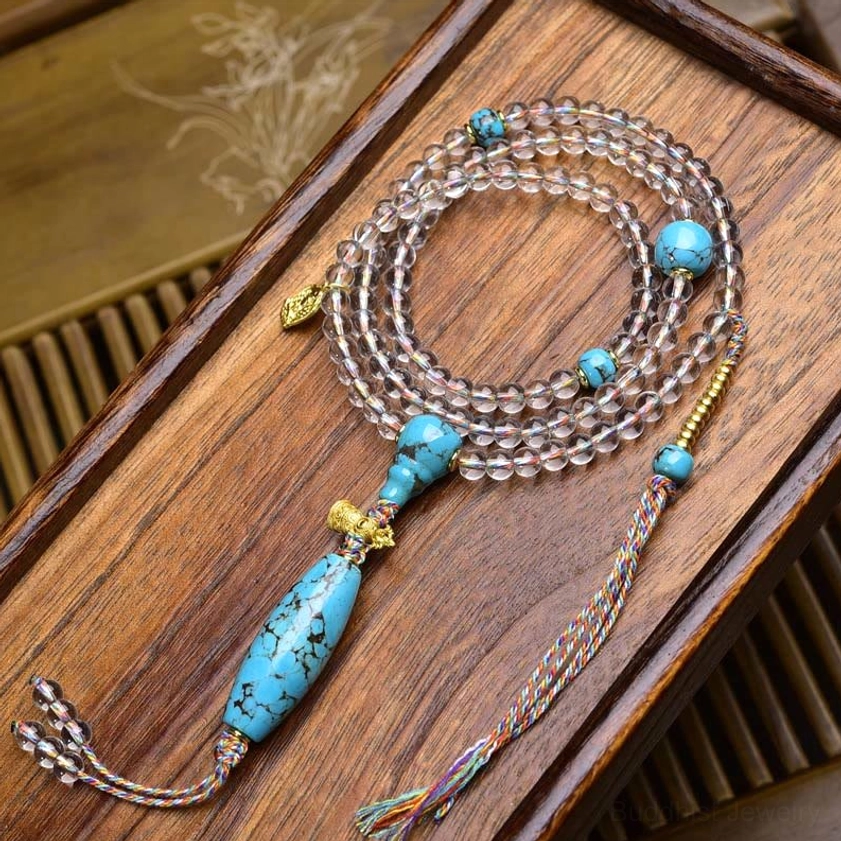 Turquoise imitation 108-bead Buddhist mala with hand-painted dzi beads 6mm