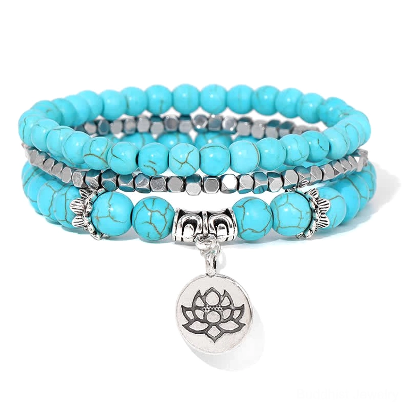 Turquoise beaded lotus enlightenment bracelet with silver metal accessories