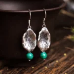 925 sterling silver turquoise lotus leaf drop earrings handcrafted Buddhist spiritual jewelry