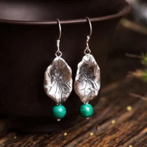 925 sterling silver turquoise lotus leaf drop earrings handcrafted Buddhist spiritual jewelry