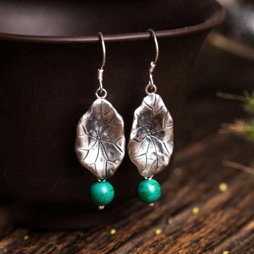925 sterling silver turquoise lotus leaf drop earrings handcrafted Buddhist spiritual jewelry
