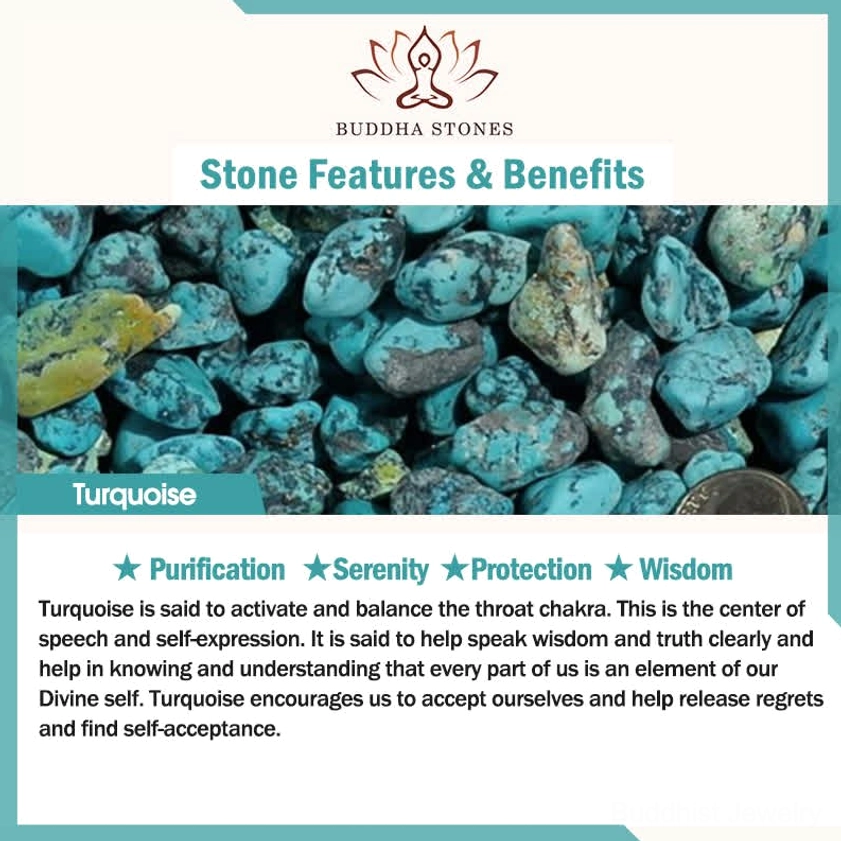 Turquoise stone properties and benefits infographic, crystal healing guide for Buddhist jewelry
