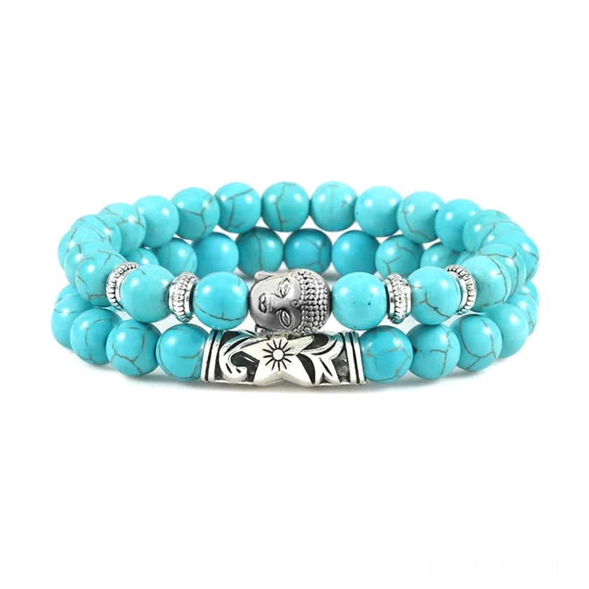 Turquoise gemstone Buddhist healing bracelet with authentic natural beads and metal Buddha accent charm