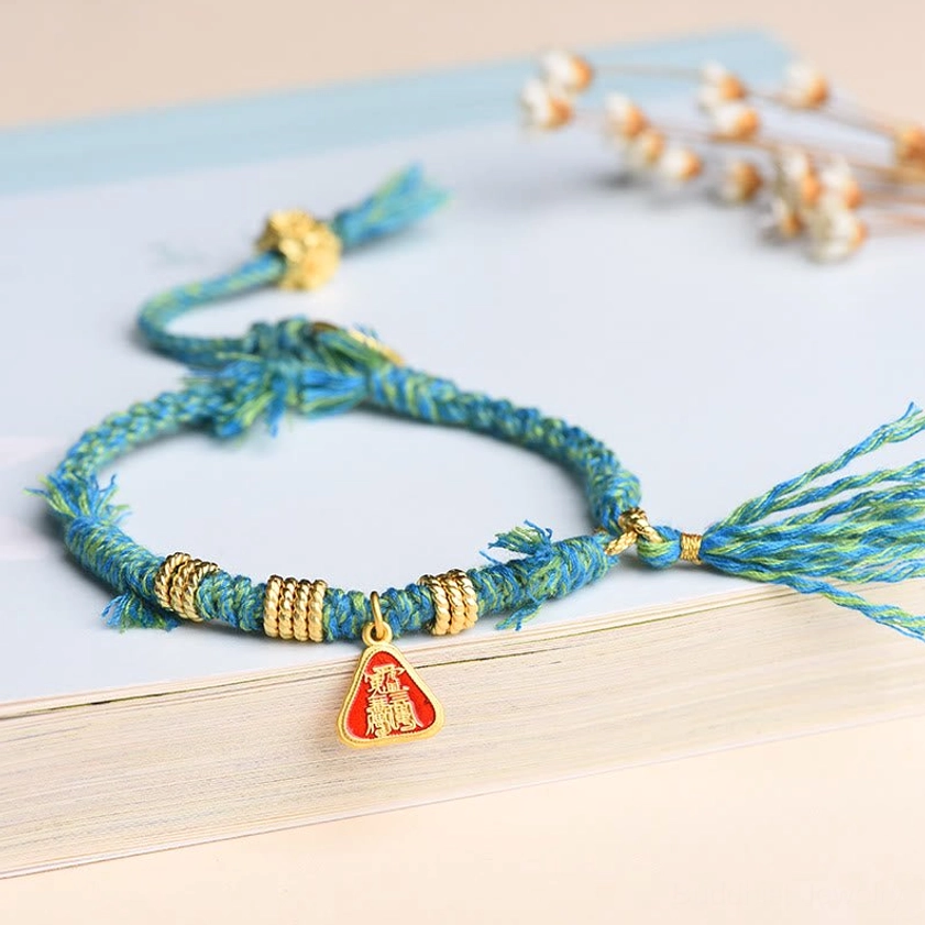 Turquoise string Buddhist protection bracelet with goddess charm and flower tassel, adjustable fit for smaller wrists 5.1-6.3 inches