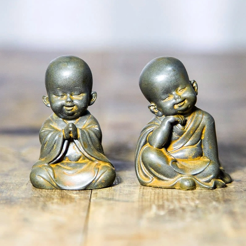 Two Praying and Resting Monk Statues - Iron Powder Resin Meditation Figurines for Inner Peace