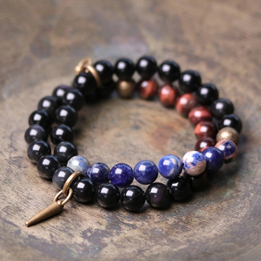 Two-tone beaded couples bracelet with black obsidian and colorful gradient stone beads