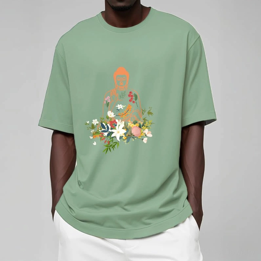 Unisex Buddhist graphic t-shirt styled look showing versatile wear for all genders