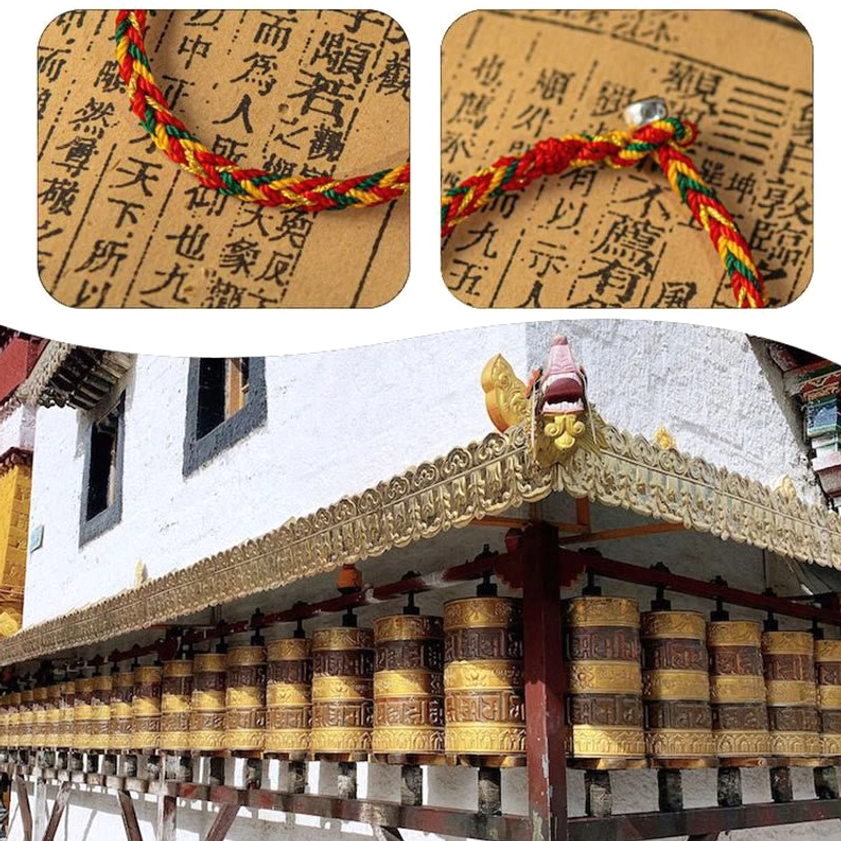 Multicolored Buddhist string bracelet for men and women showing King Kong knot and silver metal bead, versatile unisex design