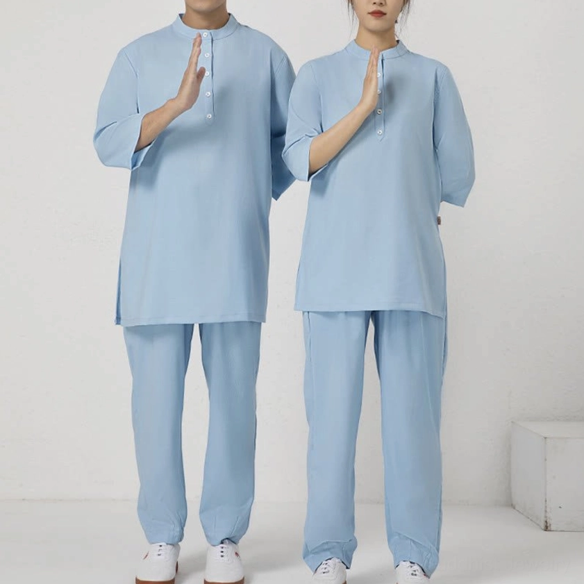 Unisex meditation and tai chi clothing set light blue, three-quarter sleeve with loose fit for practice and spiritual wear