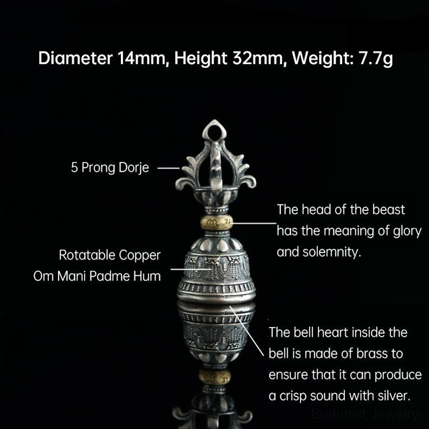 Front annotated view of Om Mani Padme Hum vajra bell pendant with size specifications and design notes on black background