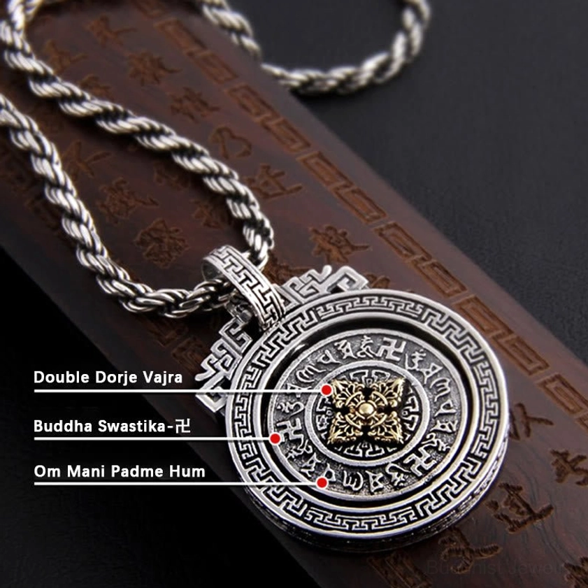 Vajra Buddhist pendant necklace showing spiritual symbol for enlightenment and inner strength on twisted chain