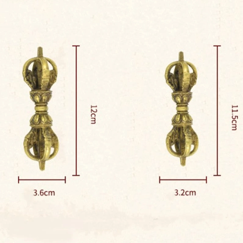 Size reference chart for five-prong copper vajra dorje showing 11.5cm and 12cm height measurements
