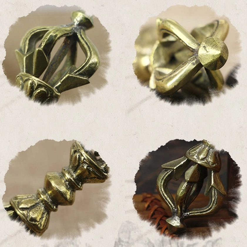 Multiple angle close-up shots of five prong vajra dorje showing different sections and brass aged patina details