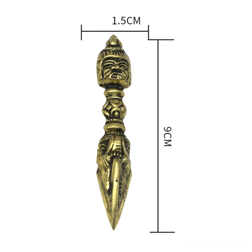 Handmade copper vajra dorje with size specification markers showing 9cm length for meditation altar decoration