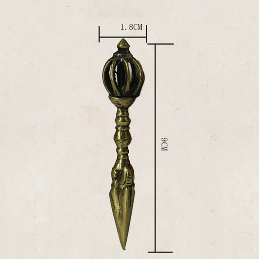 Standard copper vajra dorje displayed flat on white background with size measurement markings showing 9cm length and 1.8cm crown width