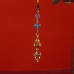 Antique Gold Vajra Enlightenment Keychain with Blue Inlay and Braided Black-Yellow Cord