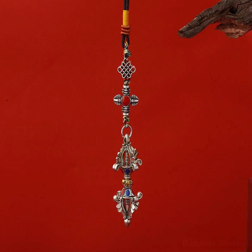 Antique Silver Vajra Buddhist Charm Keychain with Black-Yellow Cord and Endless Knot