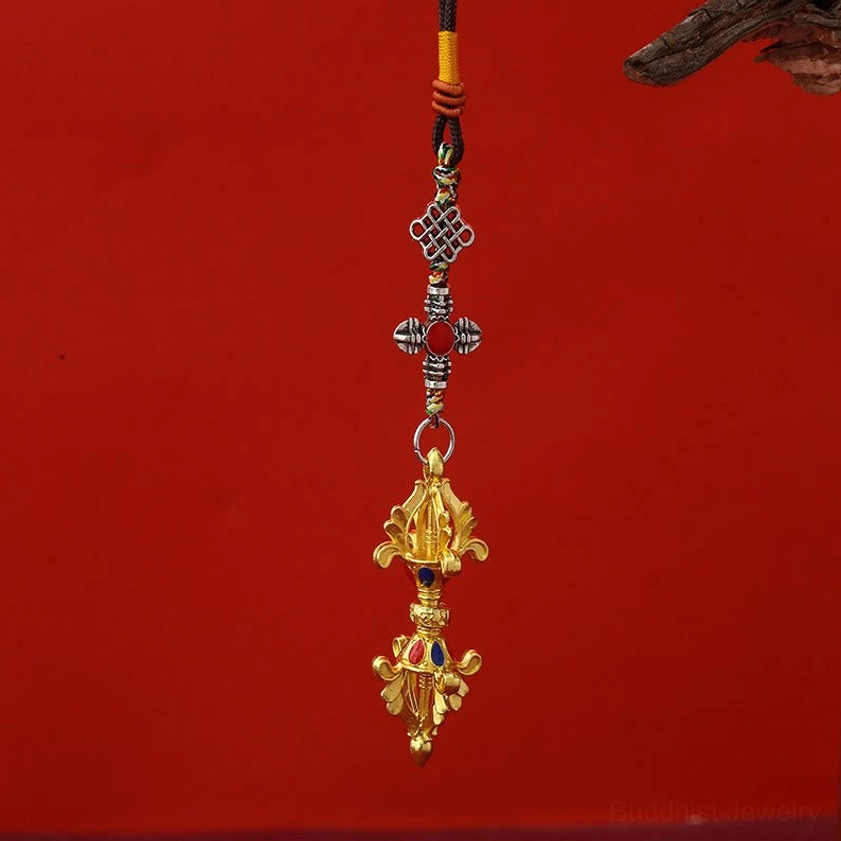 Gold Vajra Spiritual Keychain with Red Inlay and Black-Yellow Endless Knot Cord