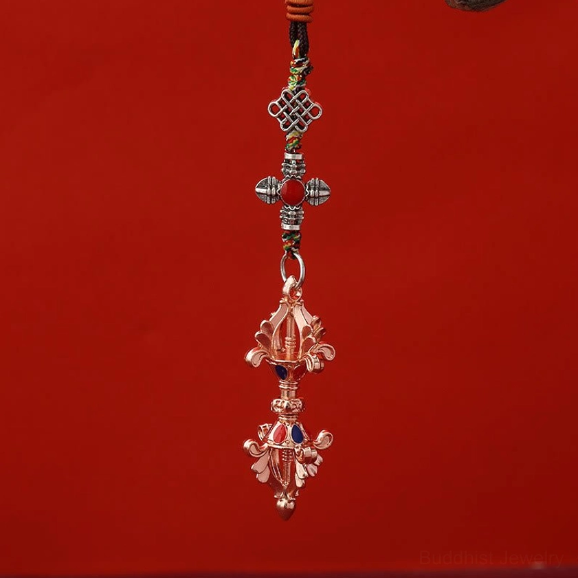 Rose Gold Vajra Keychain with Blue and Red Inlay and Brown-Red Braided Endless Knot