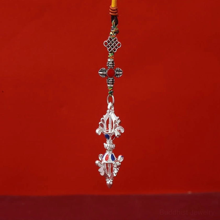 Silver Vajra Ritual Keychain with Blue and Red Inlay and Black-Red Braided Cord
