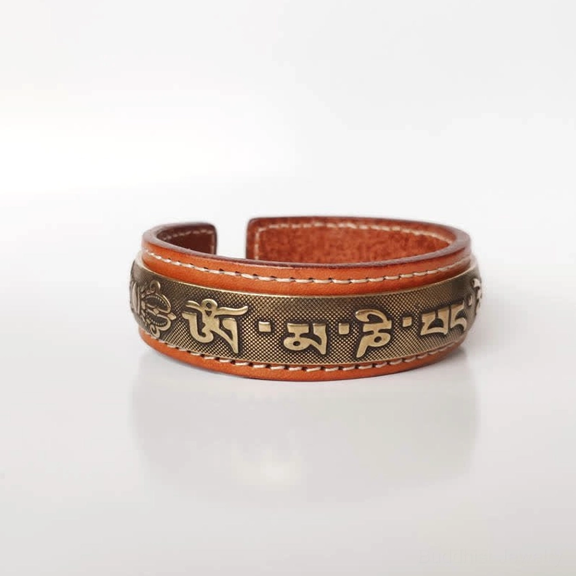 Vajra Om Mani Padme Hum symbol engraved brass cuff bracelet
