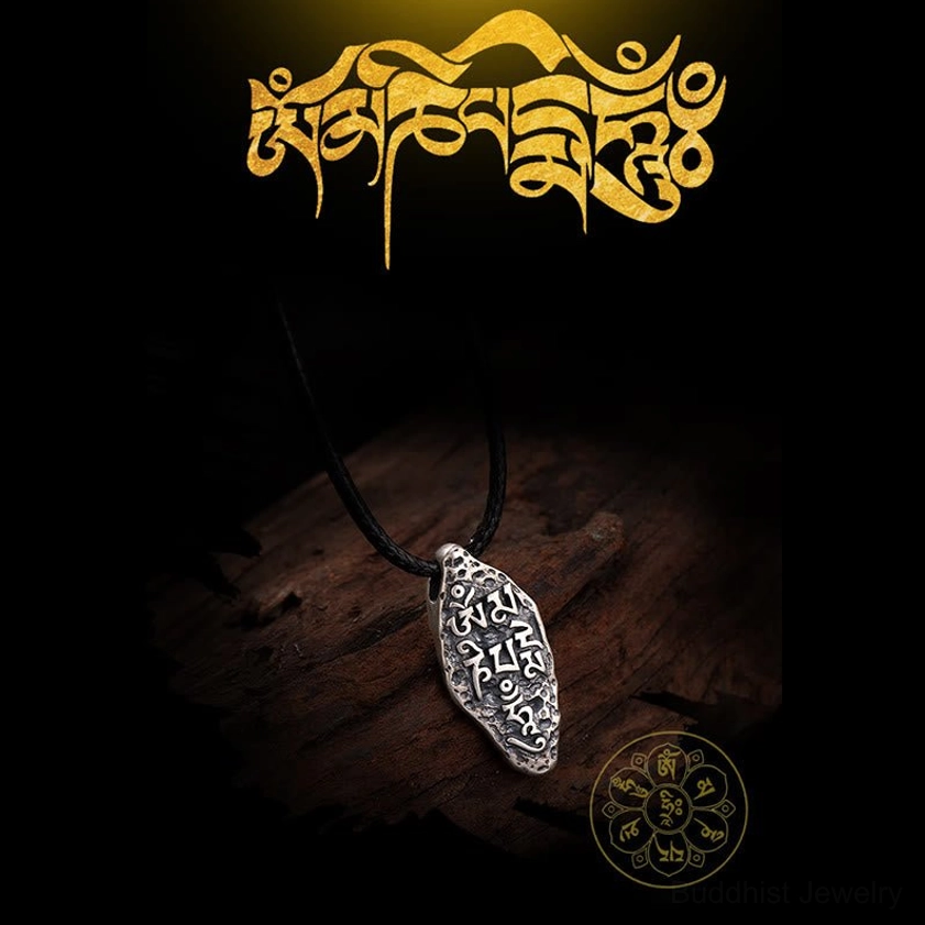 Vajra Om Mani Padme Hum silver pendant showing sacred geometry and Tibetan Buddhist symbolism with antique silver finish